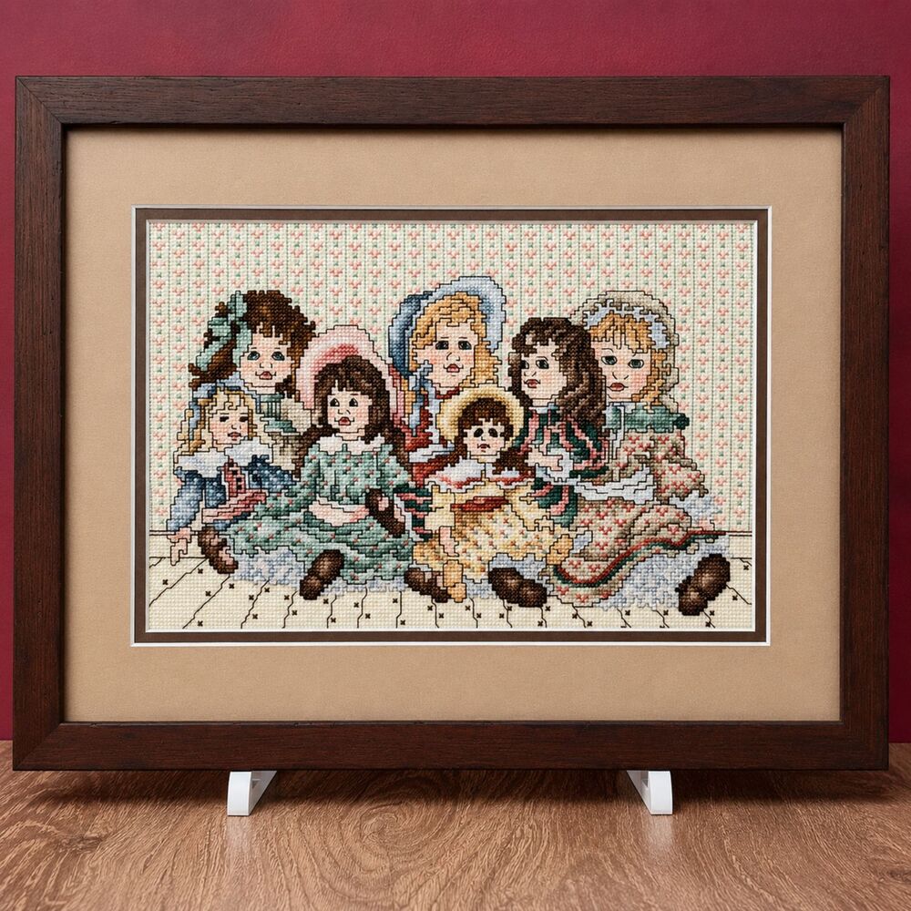 Framed Antique Doll Counted Cross Stitch Rustic Wood Frame 16x12 Handmade